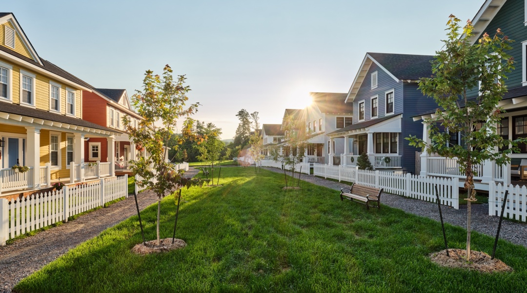 Linear park bordered by homes