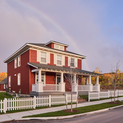 Red house and rainbow